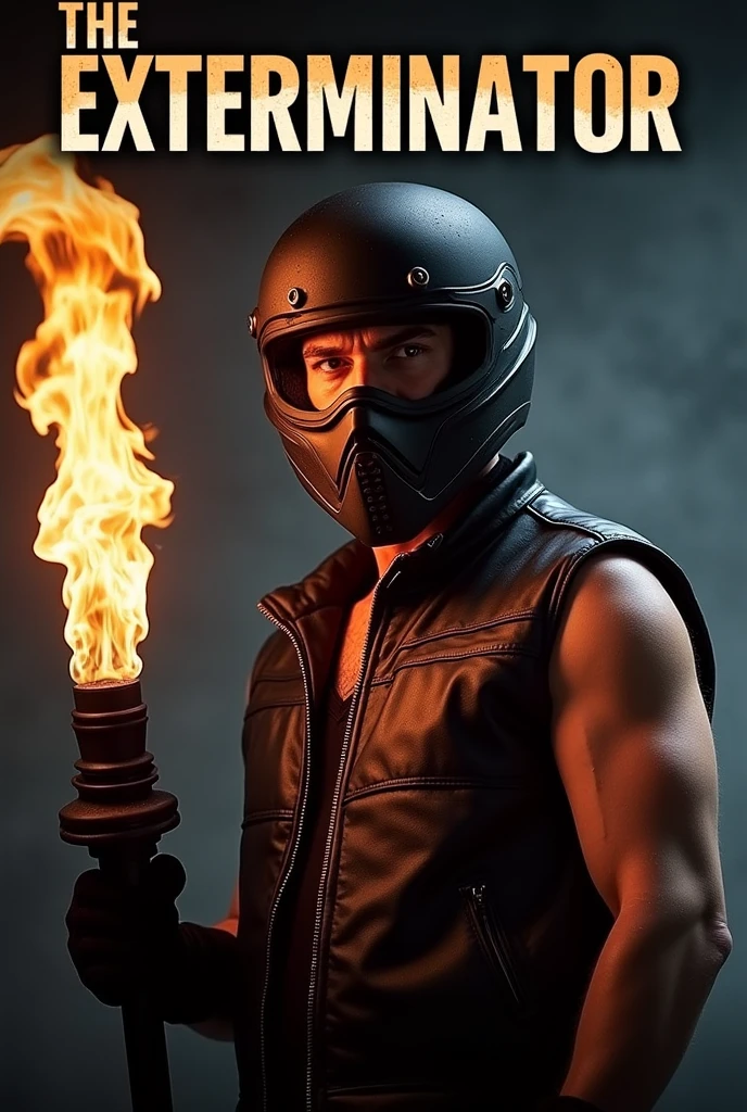 Movie Poster, a man, full-face bike helmet, sleeveless black leather jacket, flamethrower, title logo "The Exterminator",