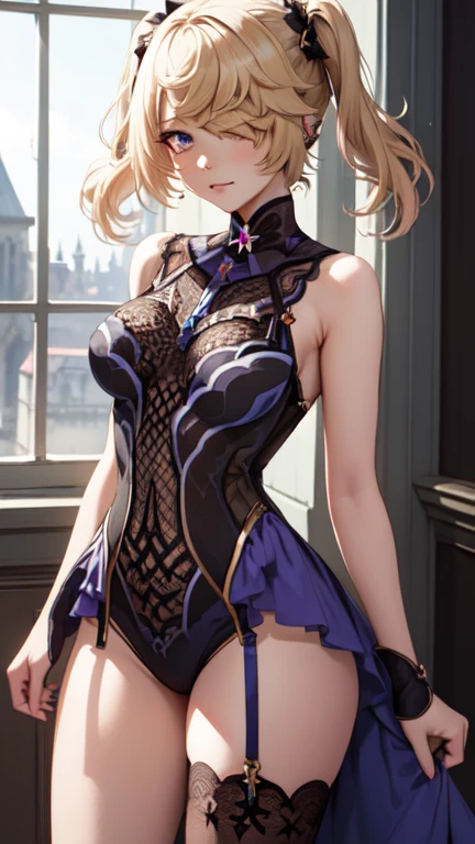 Young blonde girl, black eye patch, twin large ponytails, 
BREAK (masterpiece:1.2), best quality, high resolution, unity 8k wallpaper, (illustration:0.8), (beautiful detailed eyes:1.6), extremely detailed face, perfect lighting, extremely detailed CG, (perfect hands, perfect anatomy), joyful, laughing, Happy, (thigh corset with deep lace neckline), portrait (3:4), posing. In darkness next to a scary castle.