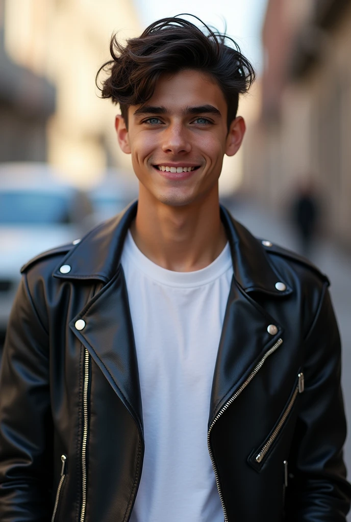 A hyperrealistic portrait of a strikingly handsome teenage boy with a chiseled jawline, deep-set piercing blue eyes, and tousled dark hair that falls slightly over his forehead. Every detail of his smooth, slightly tanned skin is meticulously rendered, highlighting the natural glow and subtle textures of youth. His stylish, form-fitting black leather jacket over a simple white t-shirt perfectly showcases his toned physique, with each crease and fold in the fabric captured in stunning detail. His confident smile reveals perfect white teeth, and his eyes convey a deep intensity, adding to his allure. The background is a soft, blurred urban setting, intricately detailed to contrast with the sharp focus on his figure, emphasizing his presence and making him the undeniable focal point of the image."