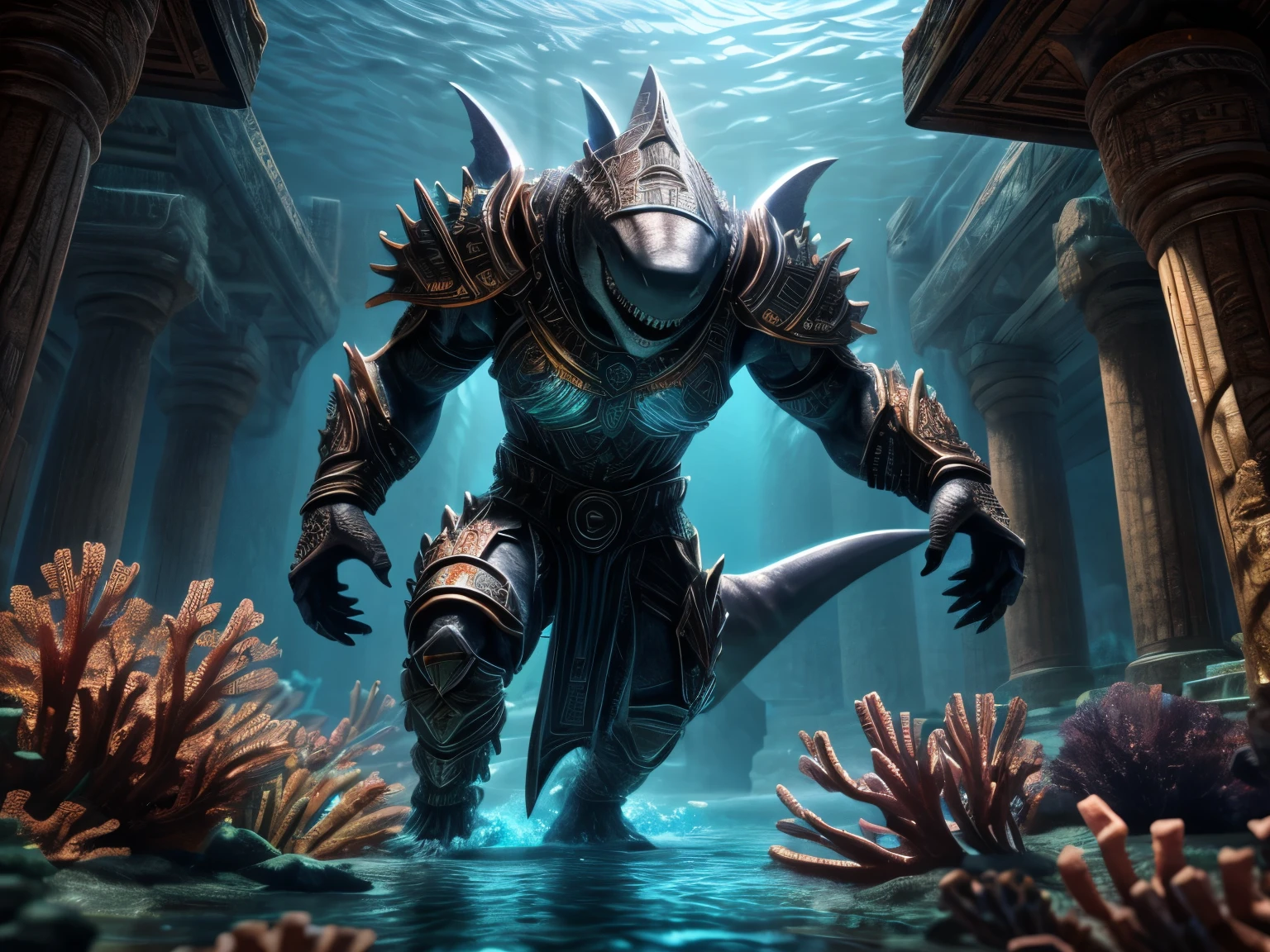 A wereshark with breasts, wearing a coral armor, underwater in an ancient temple, masterpiece, intricate details, realistic, photorealistic, 8k, high-quality, cinematic lighting, dramatic atmosphere, dynamic pose, complex architecture, glowing crystals, bioluminescent plants, shimmering water, volumetric fog, dramatic lighting