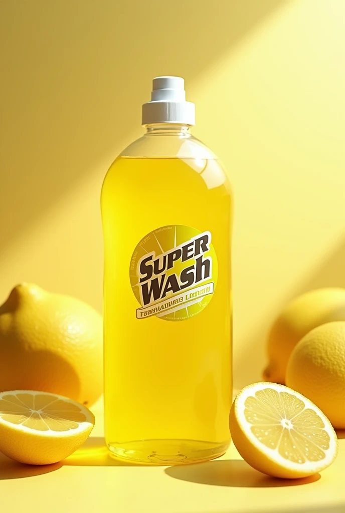 Super wash DISHWASH logo on lamon DISHWASH yellow transparent liquid bottle lamon background kitchen