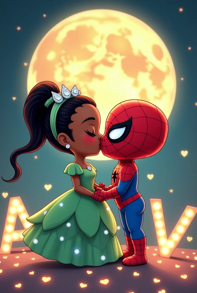 Tiana in a green princess dress with diamonds decorating her dress kissing Spiderman but the image must be chibi and cute and the background must be night with the moon and many stars like Evangeline who appears in the movie, There should be little hearts around the couple that light up and the letters A and V come out