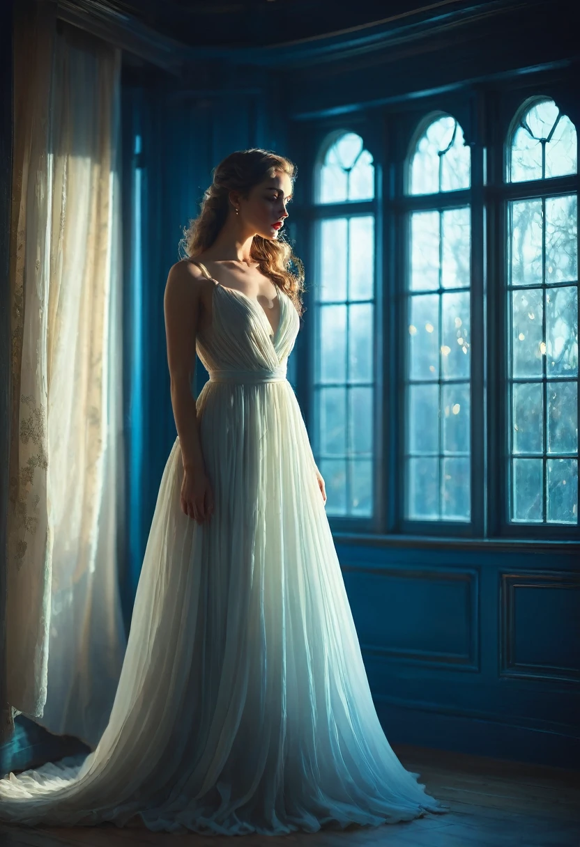 arafed woman in a dress standing in front of a window, a picture by Marie Bashkirtseff, shutterstock, romanticism, half-turned lady in evening gown, flowing gown, wearing a flowing dress, mysterious woman, haunting beautiful young woman, wearing a white flowing dress, flowing dress, woman in dress, extremely moody blue lighting, miss aniela
