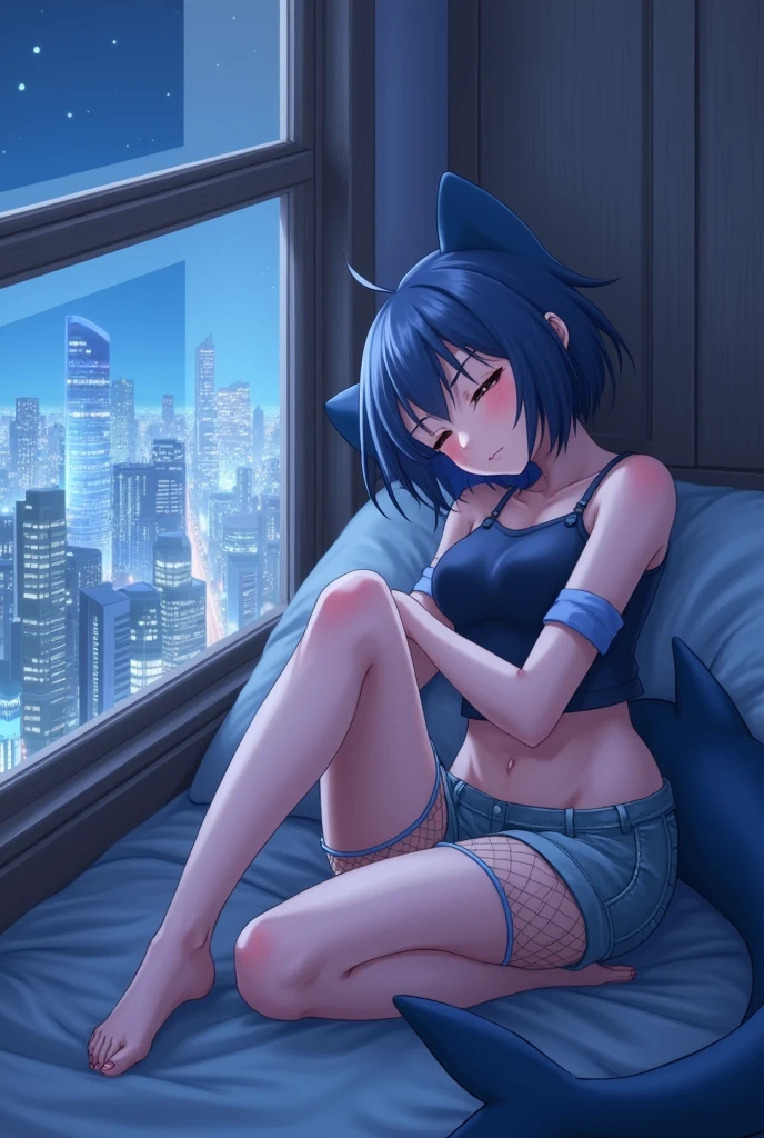 A 18 year old anime-style boy dressed in a crop top with shorts on with fishnets and thigh highs, garbed in soft shades of blue and pink, and he has a shark tail and ears . He is portrayed sleeping next to a window that has a city though the window while its night