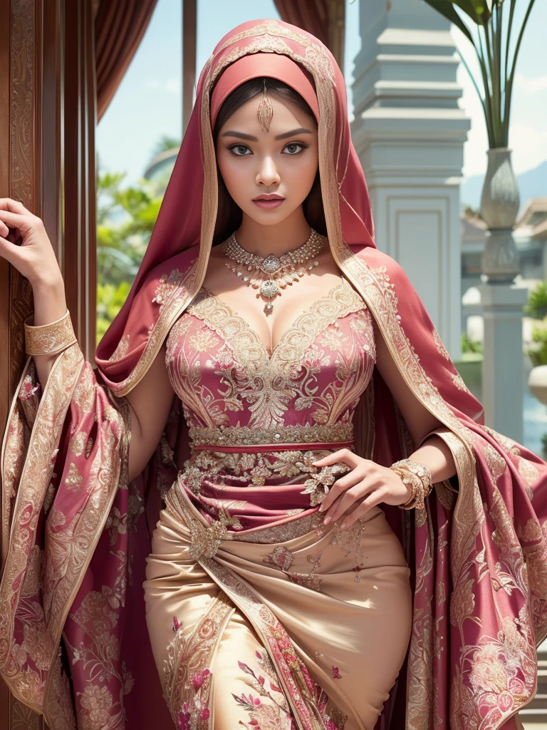 (Best quality, high resolution, masterpiece: 1.3), beautiful Indonesian woman in hijab, tall body, slim body, huge breasts, intricate details, ((almost)), sharp focus, professional, realistic, real life, hyperreal, photorealistic, fine details, best quality, wallpapers Highly detailed 8k unity CG, perfect artwork, Full body, shining eyes, realistic, perfect female hourglass figure, width waist, thigh thick, looking at the viewer, very delicate and beautiful, top quality, beautiful detailed girl, beautiful eye details, facial lighting, film lighting, perspective, realistic facial expressions, (beautiful and shapely face, delicate and beautiful eyes, perfectly proportional face, very detailed skin,((tight-fitting Malay gamis with pastel red floral motifs with a plain hijab), diamond necklace, luxury hotel, view from below