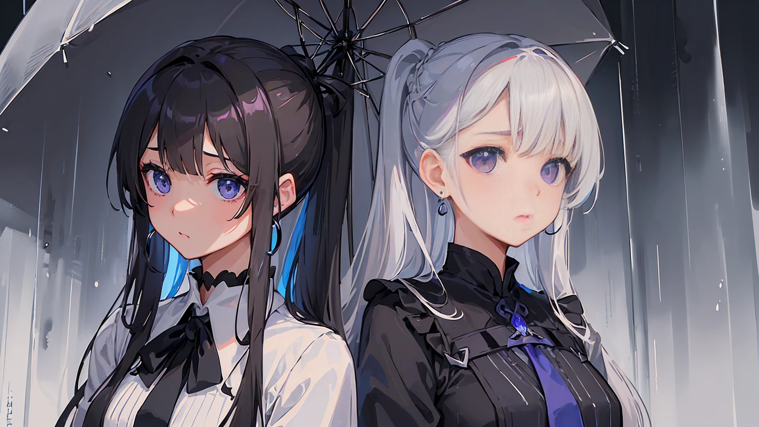 Dark grey and light brown hair、((Long hair tied back))、Showing from the waist up、Black suit draped over shoulders、Wearing a white shirt underneath、black tie、Blue-violet eyes、((Rainy gray background))、Holding a large open umbrella。Beauty、(((Detailed picture)))、(((Detailed face)))、イケメン風のBeauty、(((((女の子One personだけ)))))、One person、Looking down with cold eyes。emotionless expression。The hair is parted on the side、Hair tucked behind one ear。Also、She wears large hoop earrings in her ears.。
