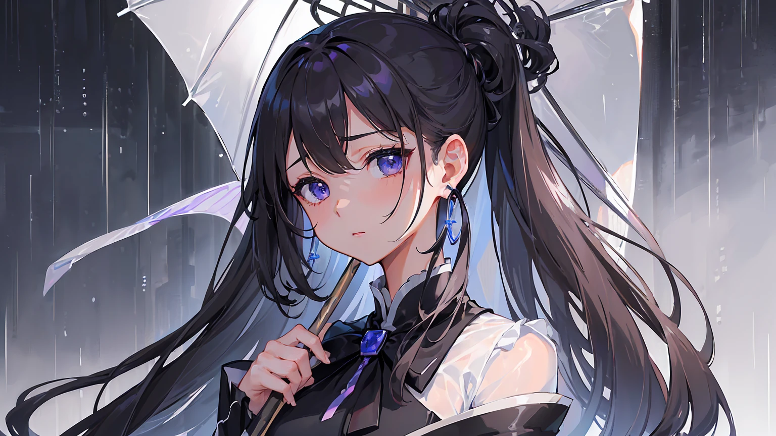 Dark grey and light brown hair、((Long hair tied back))、Showing from the waist up、Black suit draped over shoulders、Wearing a white shirt underneath、black tie、Blue-violet eyes、((Rainy gray background))、Holding a large open umbrella。Beauty、(((Detailed picture)))、(((Detailed face)))、イケメン風のBeauty、(((((One personだけ)))))、One person、Looking down with cold eyes。emotionless expression。The hair is parted on the side、Hair tucked behind one ear。Also、She wears large hoop earrings in her ears.。