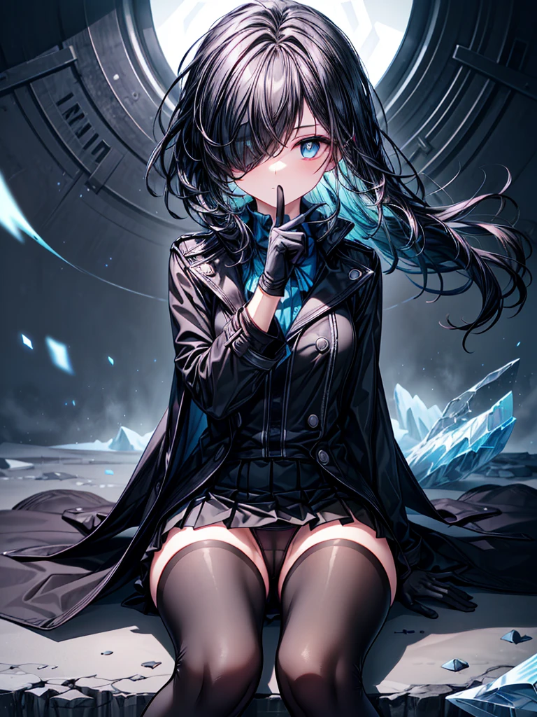 ((spread legs, sitting)),((Finger guns)),((Celestial Glacier)),(skirt-lift),((show panties)),((Highest quality)),((black micro mini length skirt)),((alone)),((Deep blue pupils)),((sparkling eyes)),(Beautiful Blue Eyes),((Wearing a black coat)),(((Wearing black tights))),(Slim body),((length, Shiny black hair)),((Her hair is parted, and you can see her eyes through it)),((Wearing black gloves)),((hair over one eye,long hair)),((Complex background)),((Hair blowing in the wind)