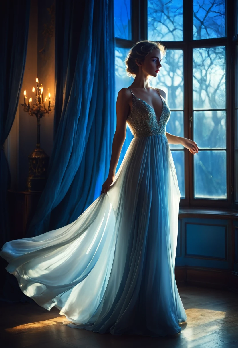 arafed woman in a dress standing in front of a window, a picture by Marie Bashkirtseff, shutterstock, romanticism, half-turned lady in evening gown, flowing gown, wearing a flowing dress, mysterious woman, haunting beautiful young woman, wearing a white flowing dress, flowing dress, woman in dress, extremely moody blue lighting, miss aniela