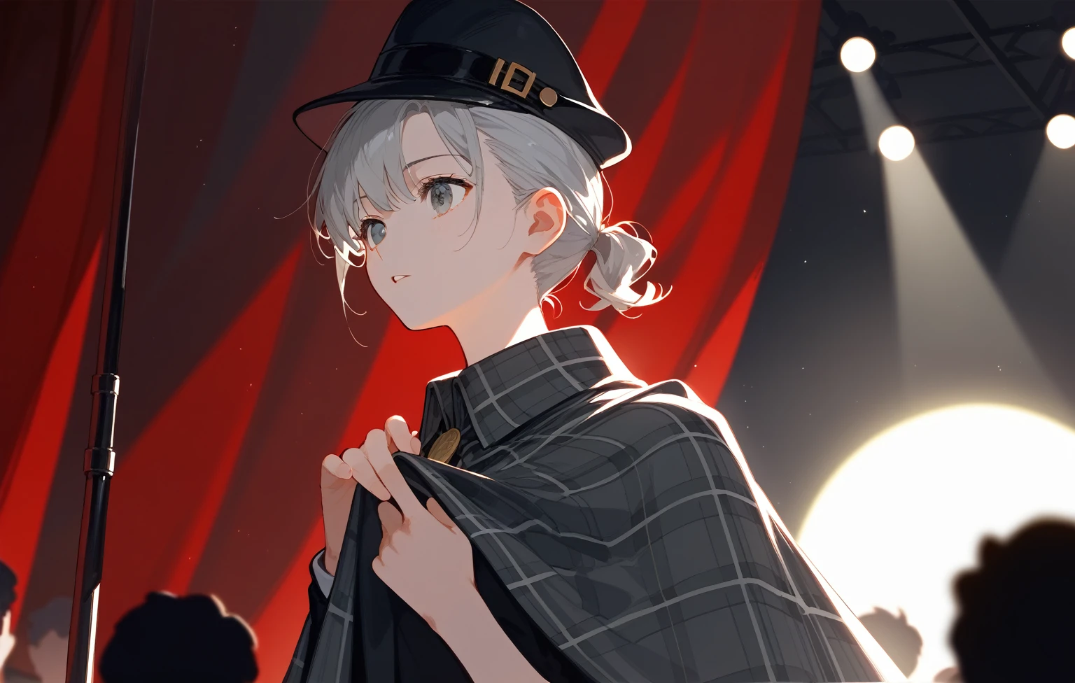 Gray short hair，Small ball single ponytail，Bangs cover one eye，Detective Sherlock Holmes hat，Grey plaid cape，stage，spotlight，Movie lighting，Lifting the red curtain，probe，Half Body