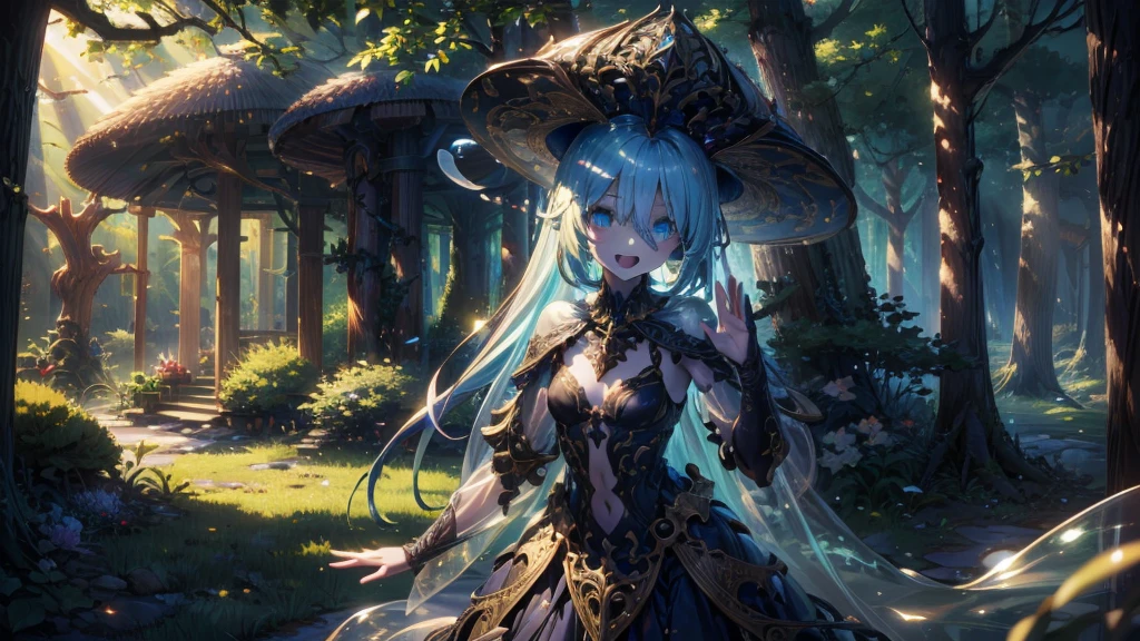 Mysterious Forest、Beautiful mushroom girl, (Translucent skin:1.2), No humans, Lots of pollen and dust、Big mushroom hat, Partially fused exoskeleton, Beautiful symmetrical eyes, (Intricate details:1.4), (Very detailed face and eyes:1.2), Slim figure, Raise your hands in a threatening pose, anime, Fantasy, Detailed Background, 2D, CG, (Very detailed), (High resolution), (Highest quality), (masterpiece) Cute Monster、Laughing with open mouth、lure