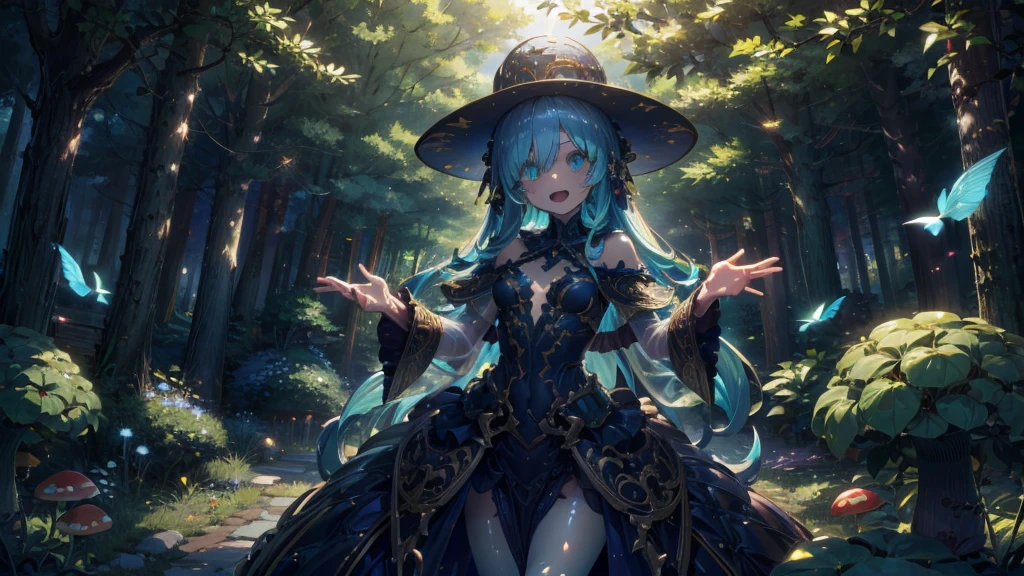 Mysterious Forest、Beautiful mushroom girl, (Translucent skin:1.2), No humans, Lots of pollen and dust、Big mushroom hat, Partially fused exoskeleton, Beautiful symmetrical eyes, (Intricate details:1.4), (Very detailed face and eyes:1.2), Slim figure, Raise your hands in a threatening pose, anime, Fantasy, Detailed Background, 2D, CG, (Very detailed), (High resolution), (Highest quality), (masterpiece) Cute Monster、Laughing with open mouth、lure