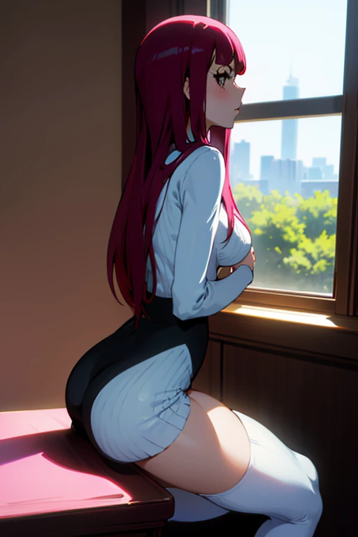 Best quality, masterpiece, Sexy Riruka Dokigamine in a gorgeous tight dress, bleach girl, top quality, 16 thousand, ultra-detailed, black stockings, shot Behind, Thick, view Behind, better known as amouranth, next to the big window, looking Behind, great view, close-up shot Behind, lit Behind, seen Behind, sitting on the table, Behind, stunning view, sitting on the table, Short dress , beautiful view of the girl