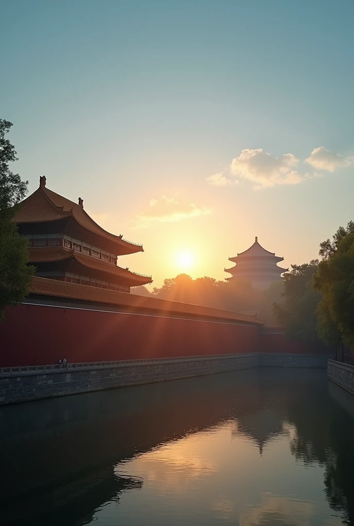 The Forbidden City in Beijing, summer, dusk, the sun is shining, the sky is blue, creating a soothing scene. quiet,8K