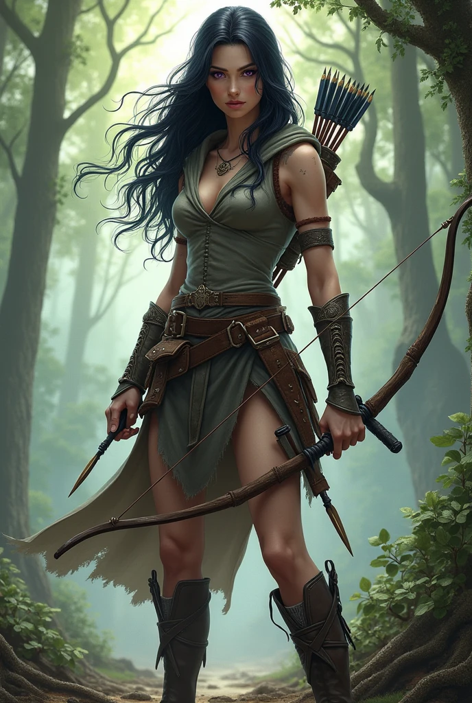 A beautiful elven female ranger from dungeons and dragons, she has dark hair and purple eyes. She carries a longbow and arrows, has three daggers, one in her waist, one in herGuardar thigh and one in her boot, has light armor. He has white skin with visible scars on his body.