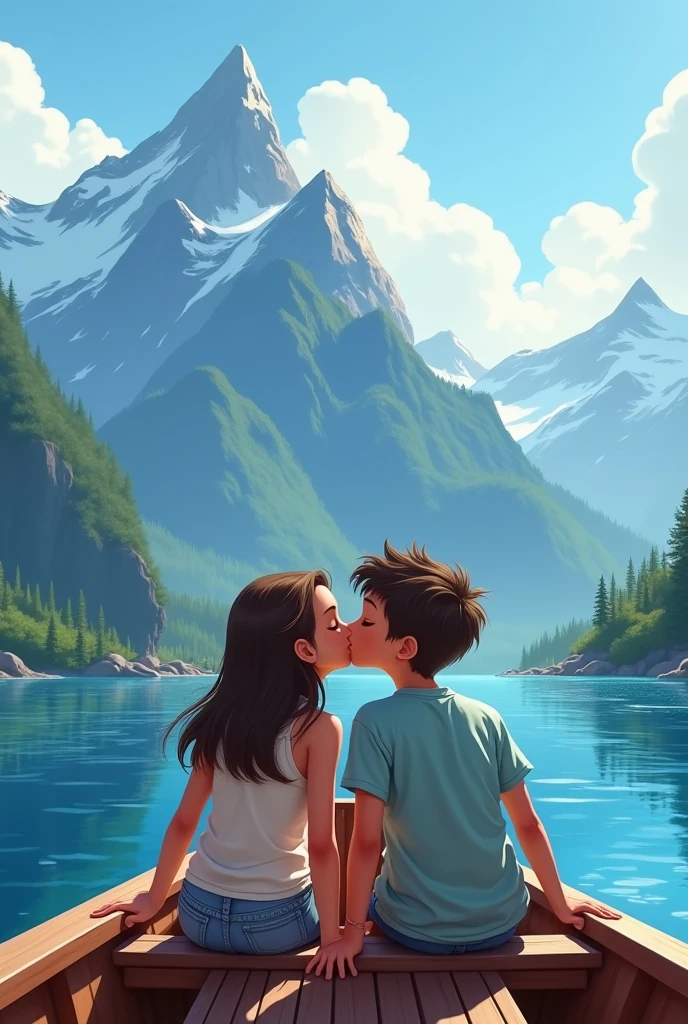 The realistic image of girl and boy kissing on boat facing towards the beautiful mountain, haill, blue sky,