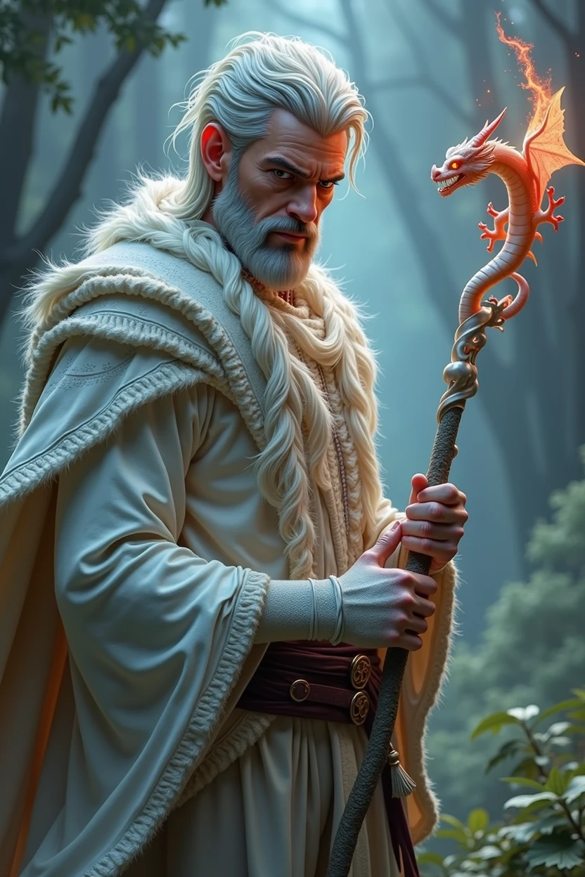 RPG, storm 20 , make a realistic wizard, handsome and young 25 years old, beardless and with short hair he has white scales with a reddish shine that are almost invisible. He is holding a white staff shaped like a tiny dragon.. 