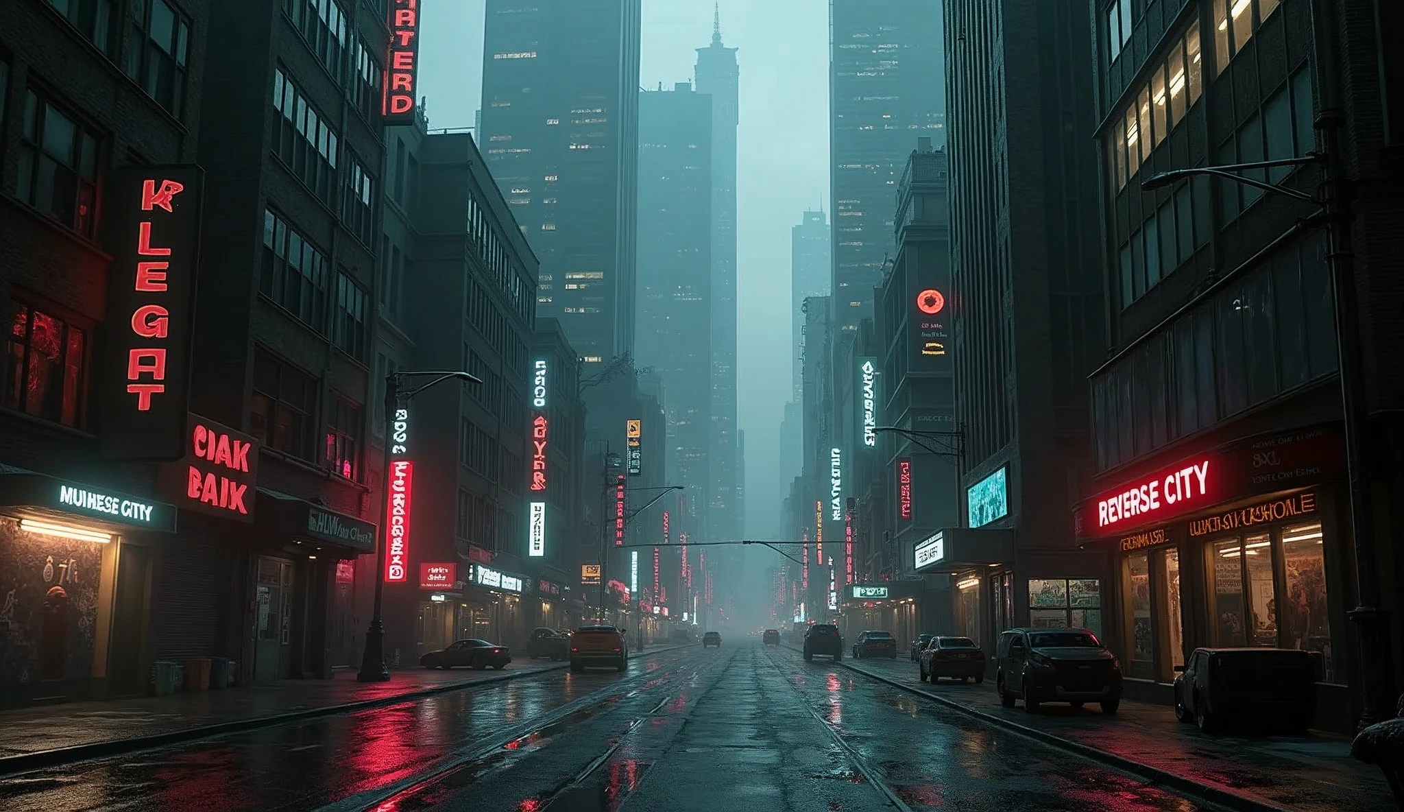A twisted, dystopian cityscape from a video game, called 'Reverse City,' where the buildings and streets are inverted, creating a surreal, upside-down world. The skyline is dark and eerie, with towering skyscrapers both rising and descending into the sky and ground. Neon signs in English are scattered throughout, casting an unsettling glow on the chaotic urban landscape. The streets are empty, and the atmosphere is filled with a sense of mystery and disorientation, as if reality itself is bending