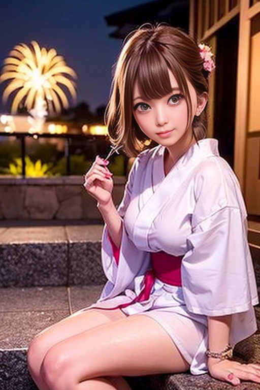 (Fireworks display)、(Cute yukata、Beautiful yukata、Sexy Yukata、Yukata Cosplay)、A girl sitting on stone steps、Long raw legs、Bust Emphasis、Short Bob Hair、Medium breast、masterpiece:1.3、Raw photo quality、Highest quality、Detailed Images、Detailed Background、