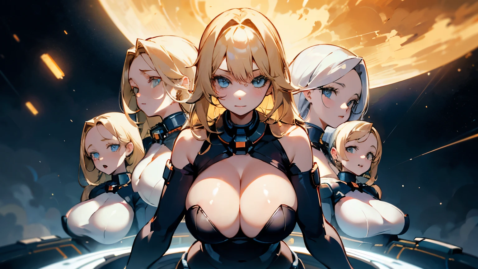 Masterpiece, 4girls, wearing same style diferent colour, beauty and cute, high detailed, dinamic lighting, vivid colours, ultra large saggy breasts, massive cleavage exposed, A giant spacecraft navigating interstellar space, Sophisticated design, huge geometric figures stacked in layers,standing, white skin, blue eyeballs, blonde hair, happys, various hair styles, harem, perfect eye, perfect face