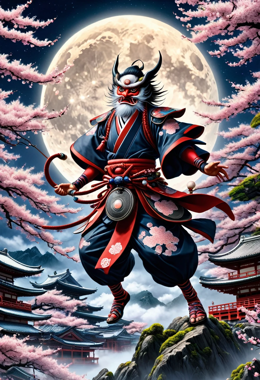 Highly detailed and surreal photographs, Fantasy, Akira Hasegawa, Tengu, the god of the moon, Complex and complex, poster, art station, (best quality,4K,8ก,height,Masterpiece:1.2),Very detailed,(realistic,photorealistic,photo-realistic:1.37),Portrait,concept art,incredible light,Dark atmosphere,A variety of colors,Shining aura,Detailed facial features,Eye piercing,Sharp focus,luxurious clothing,Powerful presence,Float in the air,Sakura petals,full moon