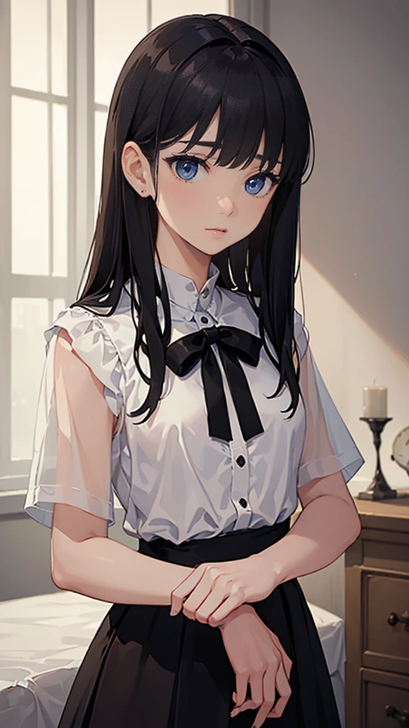 ((True best masterpiece, Ultimately perfect quality, Extremely delicate details)), ((Shy, Quiet, Neat, Gentle)), An introverted teenage girl, With skinny slim body, With dark-blue eyes, With long brown-black hair, With flat bust, Wearing a white y-shirt neatly, With black tie, Wearing a black fabric skirt, With gather