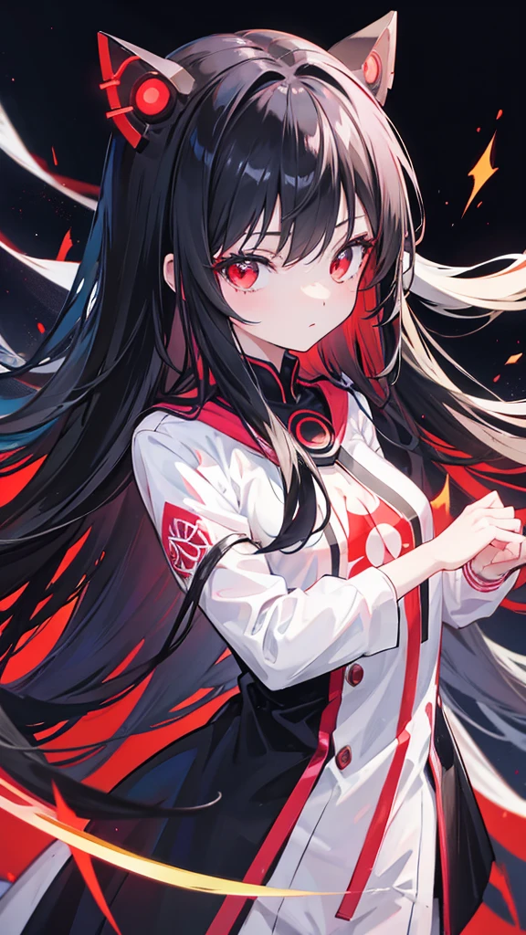 Anime girl has electric red eyes in her hands, Black Hair, Long hair, Anime style, 