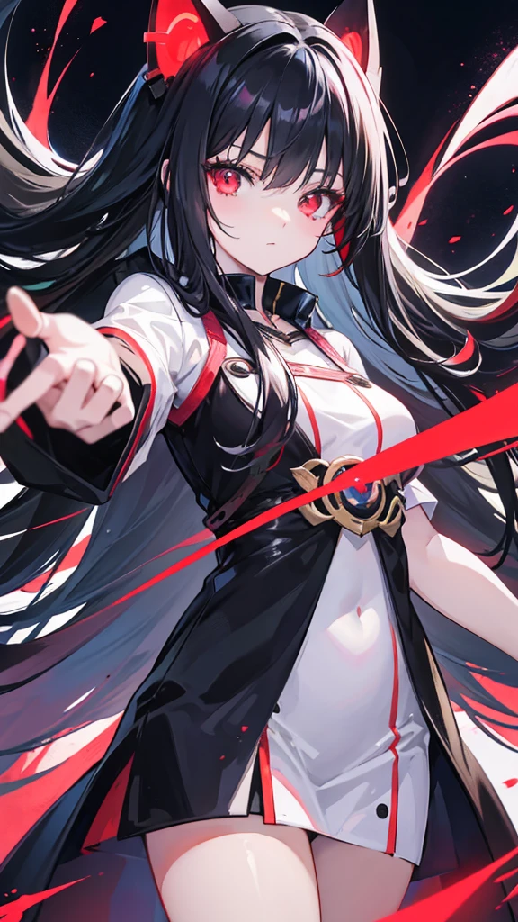 Anime girl has electric red eyes in her hands, Black Hair, Long hair, Anime style,