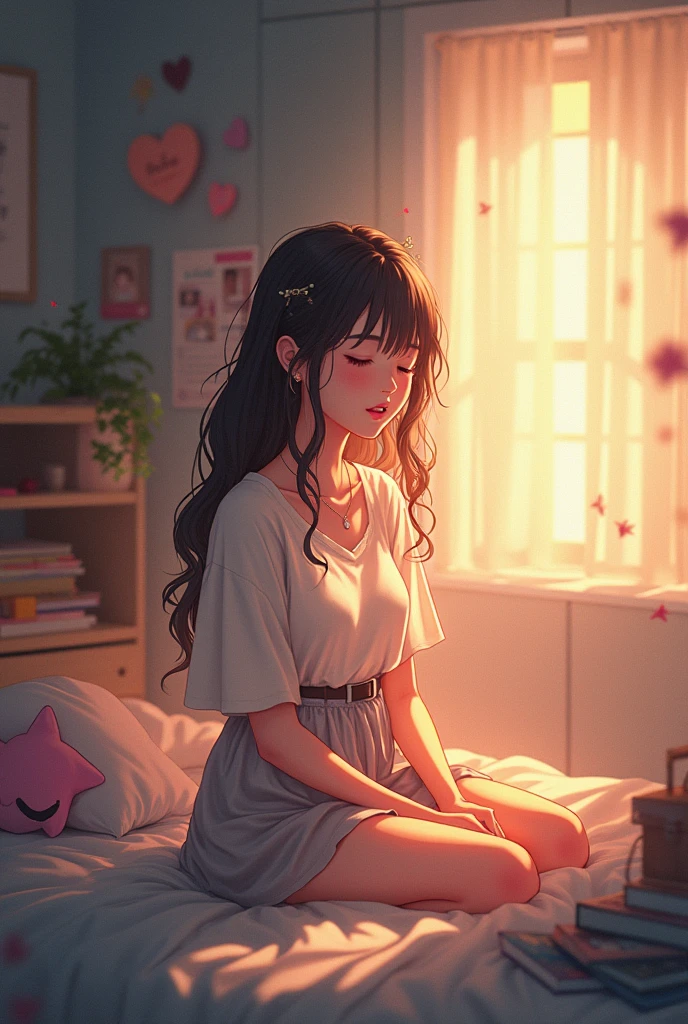 A Night of Music: She put on her earphones and closed her eyes.. Her room was filled with beautiful melodies.、She was completely absorbed in music.。. 「It doesn&#39;t get any more reassuring than this」, She couldn't help but smile.Anime Style,Highest quality,High resolution