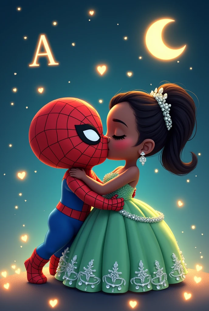 Tiana in a green princess dress with diamonds decorating her dress kissing Spiderman but the image must be chibi and cute and the background must be night with the moon and many stars like Evangeline who appears in the movie, There should be little hearts around the couple that light up and the letters A and V come out at the top 