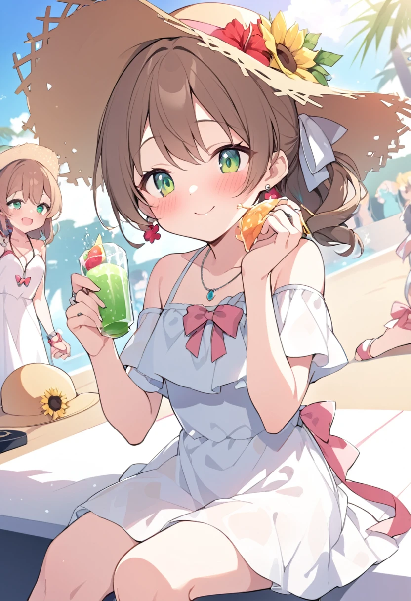 girl、cute、Princess、young、Green Eyes、Brown Hair、Medium Hairstyles、hibiscus、Straw hat、Big ribbon、cute、Being spoiled、smile、Be happy、Eyes glow pink、Red cheeks、stage、Idol、White dress、Swimwear、Small breasts、Embarrassed、juice、sit、Sunburn、lover、Earrings、necklace、ring、sunflower