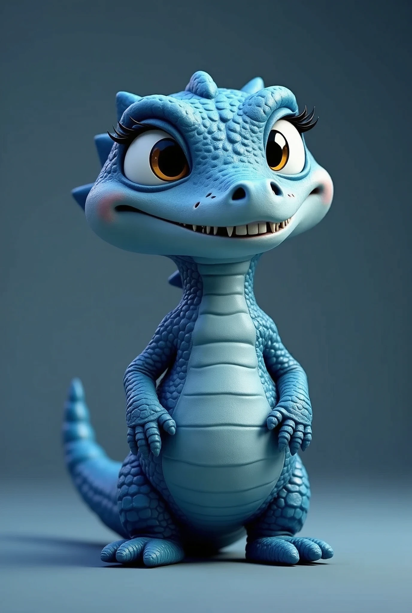 3D female crocodile skin cartoon character, blue is dark, cute, standing on 2 legs, blue is dark, so cute