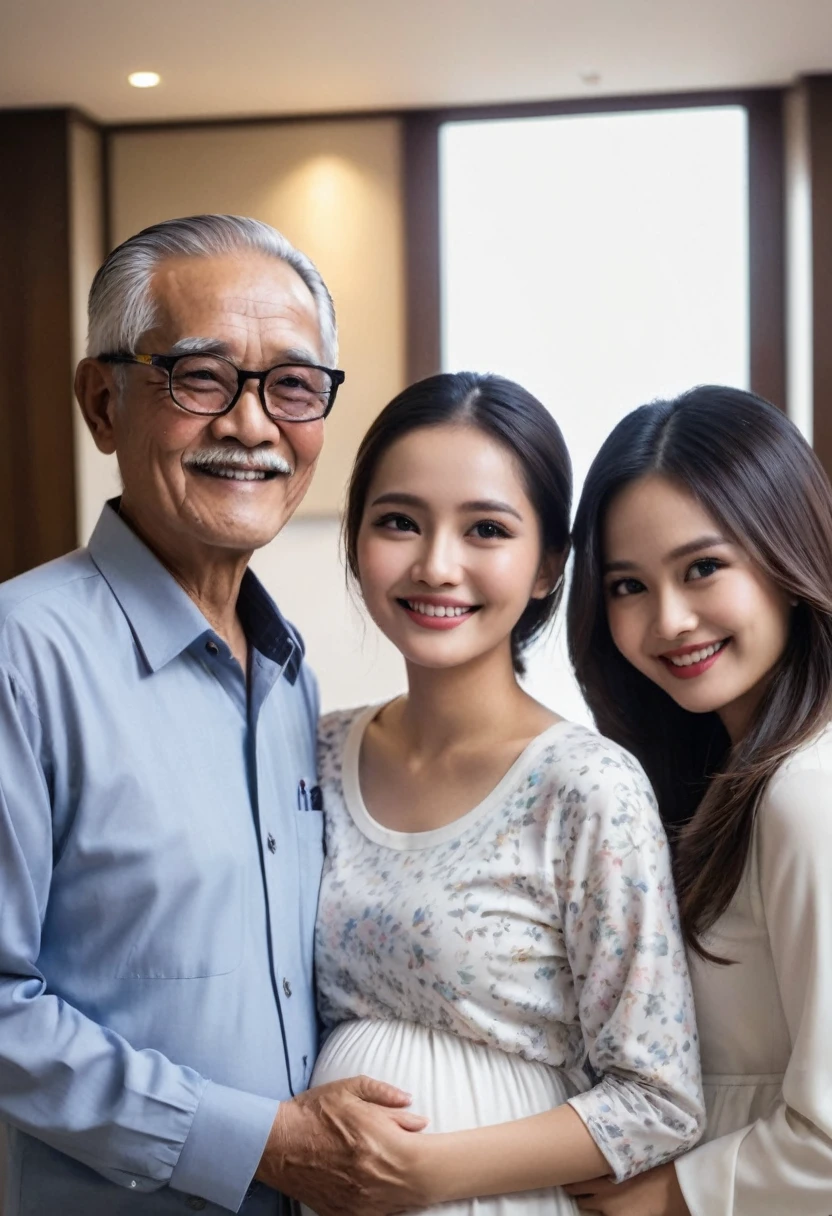 Grandfather indonesia ,eropan,malesia,stands next to a 3beautiful women pregnant smile  sexy girl, he hugs her, They're happy ,sedang di hotel  
