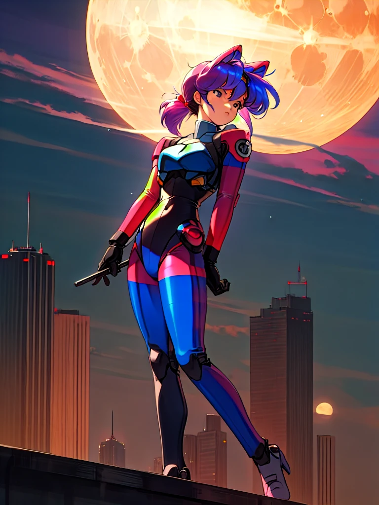 Kenichi Sonoda, retro art-style, bubblegum crisis, On a full moon night, on the rooftop of a high-rise building, a figure is seen wearing a metal hard suit that covers the whole body from head to toe. It is made up of curved surfaces that give it a feminine bodyline., masterpiece, very aesthetic, incredibly absurd resolution, absolutely resolution, ultra high resolution, professional, vivid colors, perfect anatomy, ideal facial features, ideally proportioned figure, perfectly beautiful body, super detailed, anime key-visual, intricate, overall detail, She is wearing a hard suit with the face guard down so her face is not visible.
