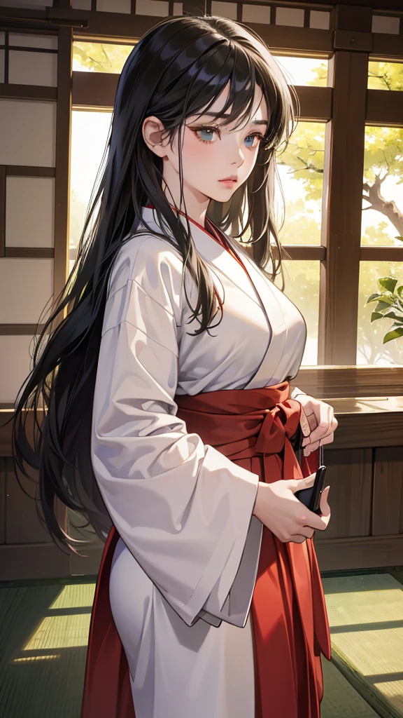 (perfect anatomy:1.2)(absurdres, highres, ultra detailed),masterpiece,best quality,high resolution,8k,Realistic face,Realistic skin texture,magnified textures, stunning clarity,detailed anime girl,(ultra detailed eyes and face),,black long hair pale skin,Japanese shrine maiden, mysterious eyes,shrine maiden clothes,(white kimono),(red hakama:1.1) thin body type,big breasts,small ass,(playing smartphone game:1.3),expressionless,in the shrine,seiza on zabuton,chabudai,tatami room,shoji lamp,engawa,(looking up),(looking far away),afternoon,cowboy shot,serene pose,Japanese garden,(Green sun)