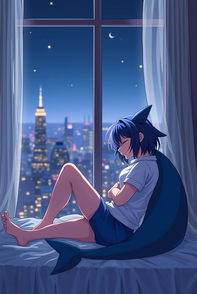 A 18 year old anime-style male dressed in a short shirt on with fishnets and thigh highs, garbed in soft shades of blue and pink, and he has a shark tail and ears . He is portrayed sleeping in front of a window that has a city though the window while its night 