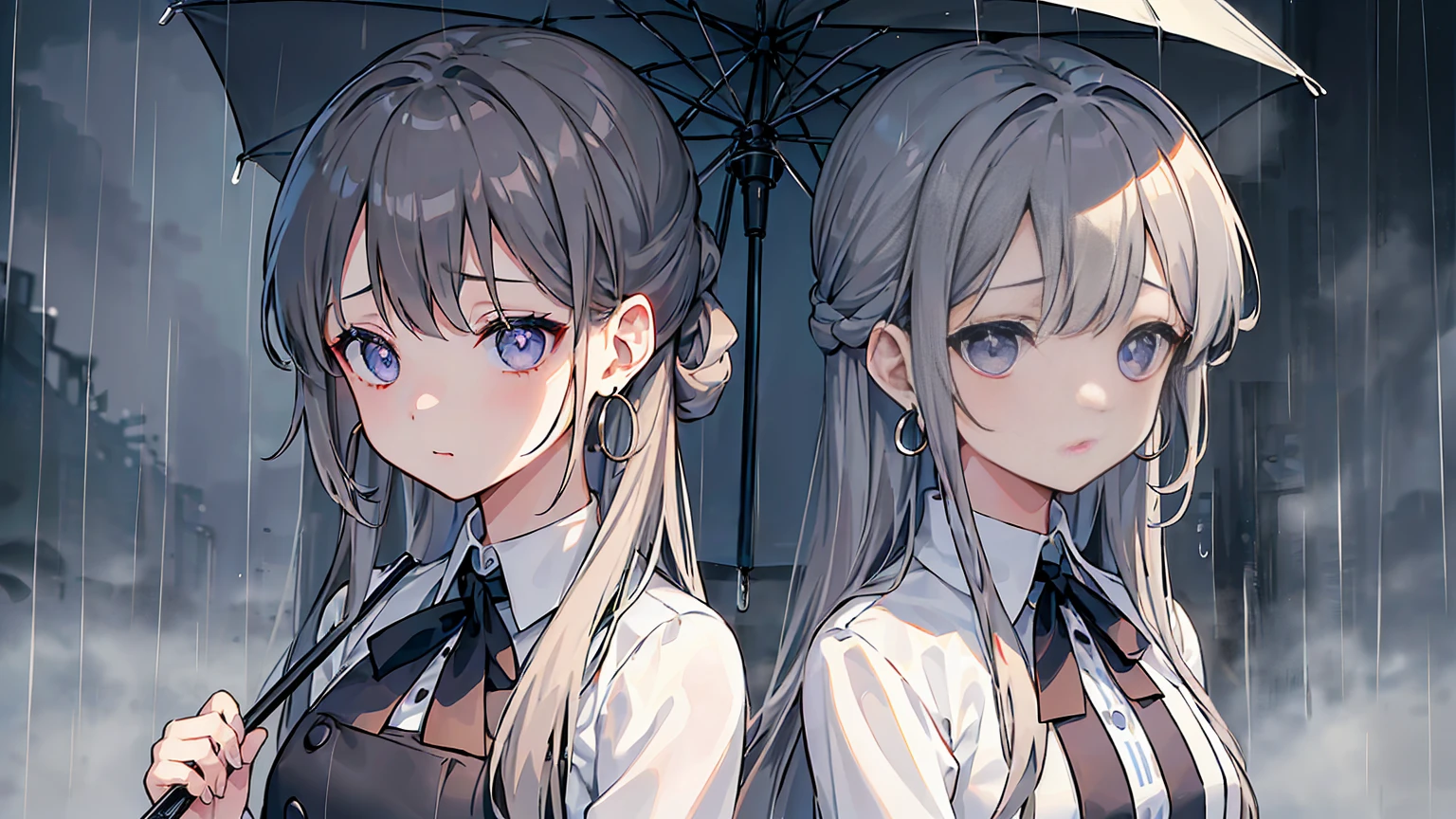 Dark grey and light brown hair、((Long hair tied back))、Showing from the waist up、Black suit draped over shoulders、Wearing a white shirt underneath、black tie、Blue-violet eyes、((Rainy gray background))、Holding a large open umbrella。Beauty、(((Detailed picture)))、(((Detailed face)))、イケメン風のBeauty、(((((女の子One personだけ)))))、One person、Looking down with cold eyes。emotionless expression。The hair is parted on the side、Hair tucked behind one ear。Also、She wears large hoop earrings in her ears.。