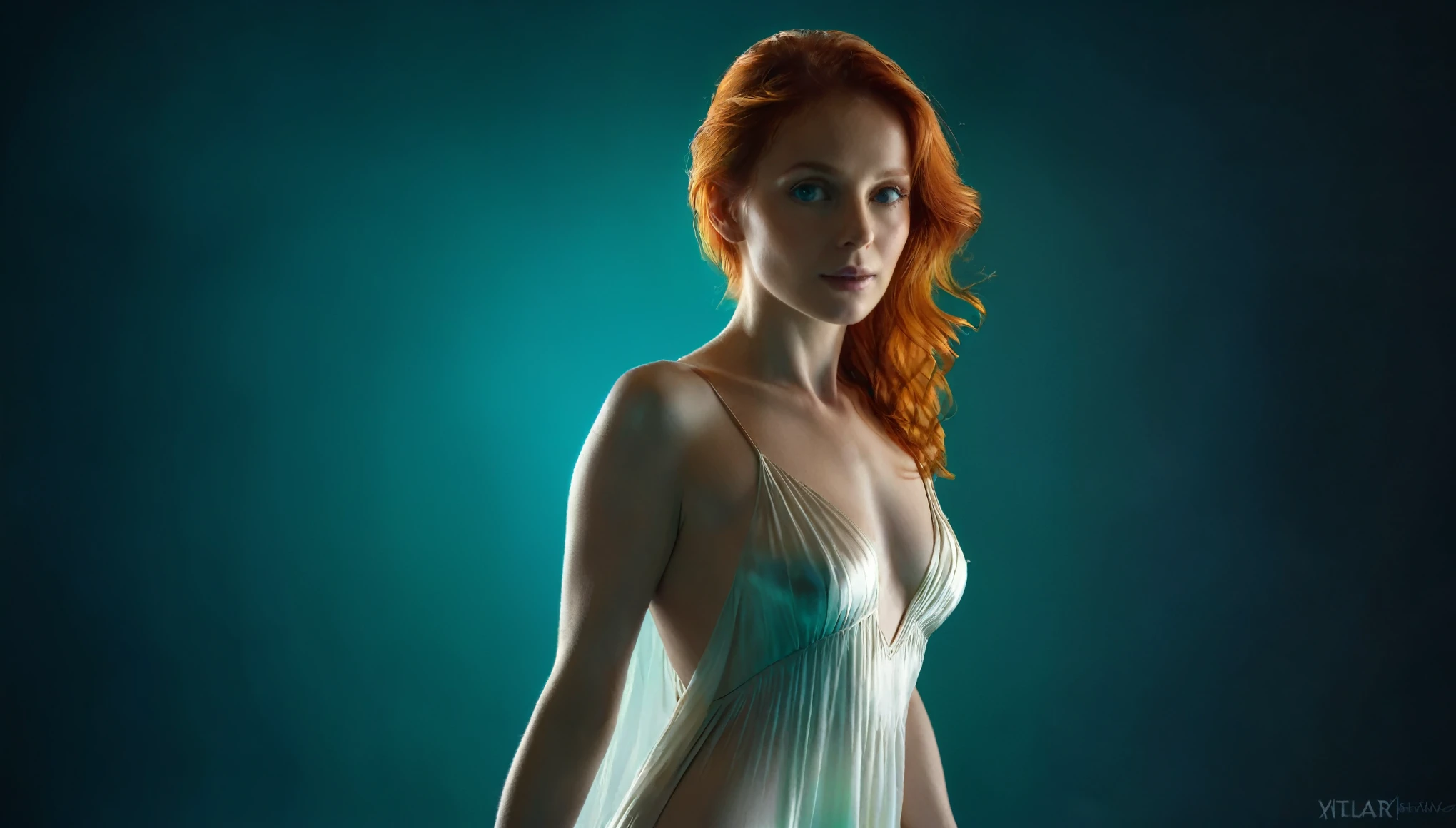 Golden bioluminescent small 45 year old woman, light red hair,"(Slim figure)" super transparent, holy light, beautiful spectral light, (detailed Beautiful face), intricate, realistic, studio quality, cinematic, digital photorealistic,
Radiating golden light, (White Silk satin dress) light streaming in, optics, realism, Standing, made of Orange| Green|crimson|purple smoke dark blue|Black Gloss background, (((accurate female anatomy, perfect eyes))) (teal gradient_background)she has red butterflys flying all around her, she is looking with amazment,