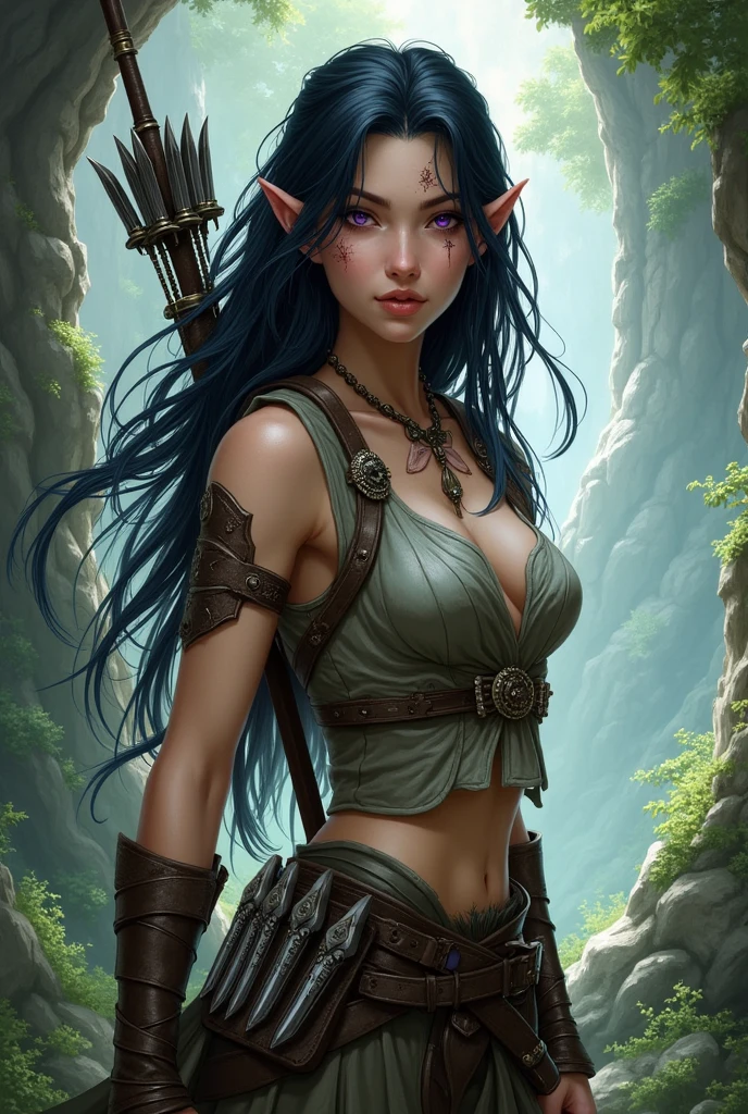 A beautiful elven female ranger from dungeons and dragons, she has dark hair and purple eyes. She carries a longbow and arrows, has three daggers, one in her waist, one in herGuardar thigh and one in her boot, has light armor. She has white skin with visible scars on his body.