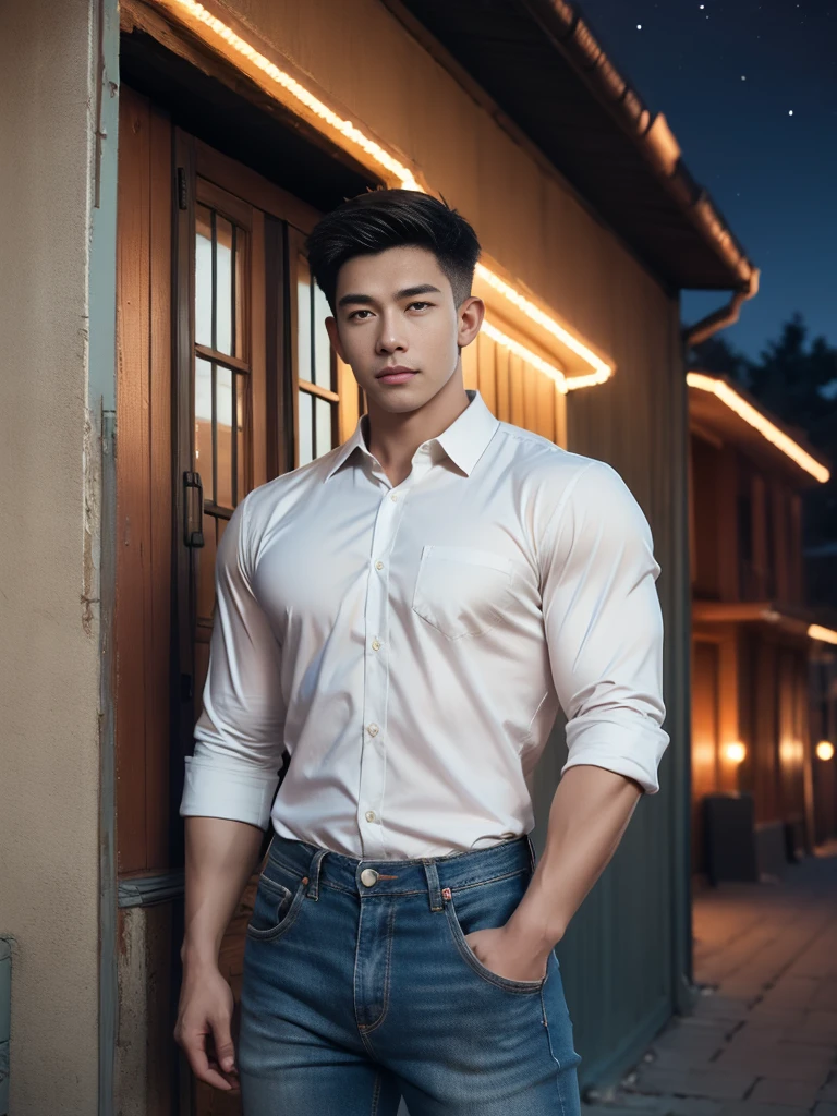 (armface:1.3) , Handsome young man standing, (have a mustache:0.8) , (short hair:1.2), The forearms are muscular., (Collared shirt with buttons:1.2), (white shirt:1.2),Jeans, Big muscles, Handsome and muscular, full body angle, (The front of an old building:1.1), , (nighttime:1.3), Neon lights