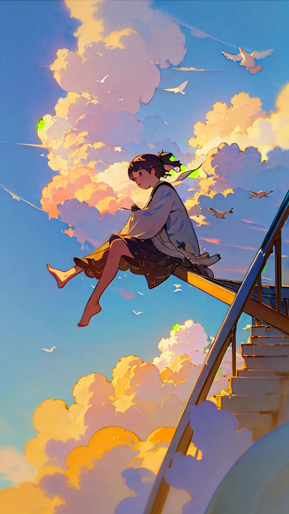 (1girl sitting on stairway to heaven), above the clouds, seas of clouds, ascending, ethereal, peaceful, graceful, innocent, hopeful, pure, dove,
post-impressionist, impressionism,