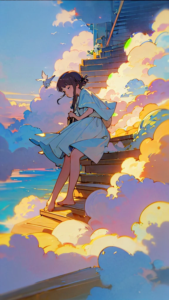 (1girl sitting on stairway to heaven), above the clouds, seas of clouds, ascending, ethereal, peaceful, graceful, innocent, hopeful, pure, dove,
post-impressionist, impressionism,