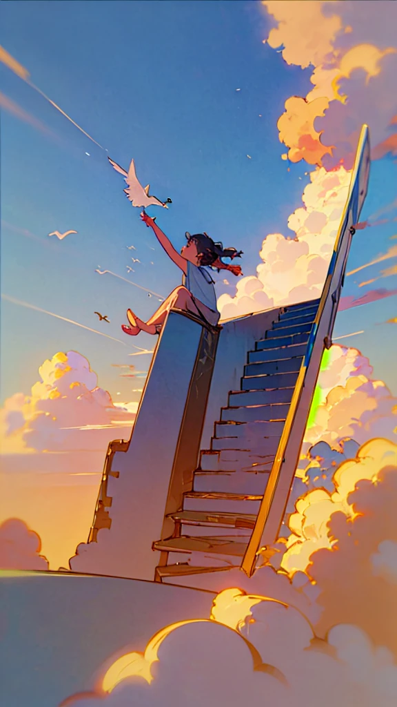 (1girl sitting on stairway to heaven), above the clouds, seas of clouds, ascending, ethereal, peaceful, graceful, innocent, hopeful, pure, dove,
post-impressionist, impressionism,