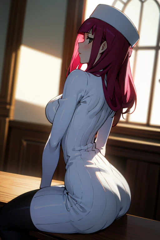 Best quality, masterpiece, Sexy Riruka Dokigamine in her dress and hat, bleach girl, top quality, 16 thousand, ultra-detailed, black stockings, shot Behind, Thick, view Behind, better known as amouranth, next to the big window, looking Behind, great view, close-up shot Behind, lit Behind, seen Behind, sitting on the table, Behind, stunning view, sitting on the table, Short dress , beautiful view of the girl