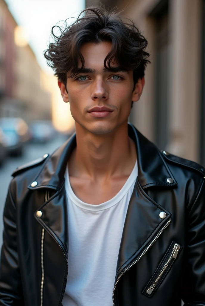 A hyperrealistic portrait of a strikingly handsome age boy with a chiseled jawline, deep-set piercing blue eyes, and tousled dark hair that falls slightly over his forehead. Every detail of his smooth, slightly tanned skin is meticulously rendered, highlighting the natural glow and subtle textures of youth. His stylish, form-fitting black leather jacket over a simple white t-shirt perfectly showcases his toned physique, with each crease and fold in the fabric captured in stunning detail. His confident attitude reveals perfect white teeth, and his eyes convey a deep intensity, adding to his allure. The background is a soft, blurred urban setting, intricately detailed to contrast with the sharp focus on his figure, emphasizing his presence and making him the undeniable focal point of the image."