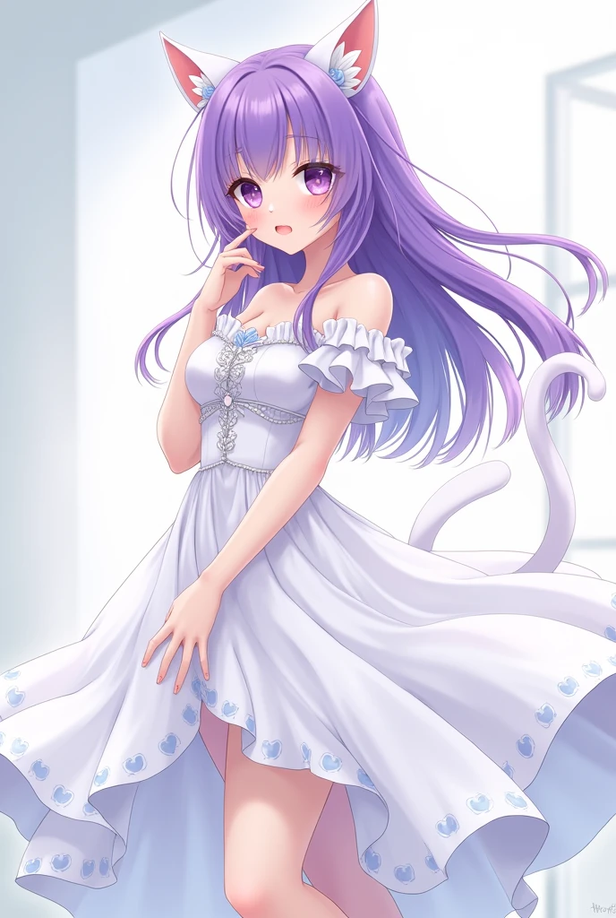 Anime girl purple hair standing, wear a queen white dress more detail ,have white tail and white ear cat