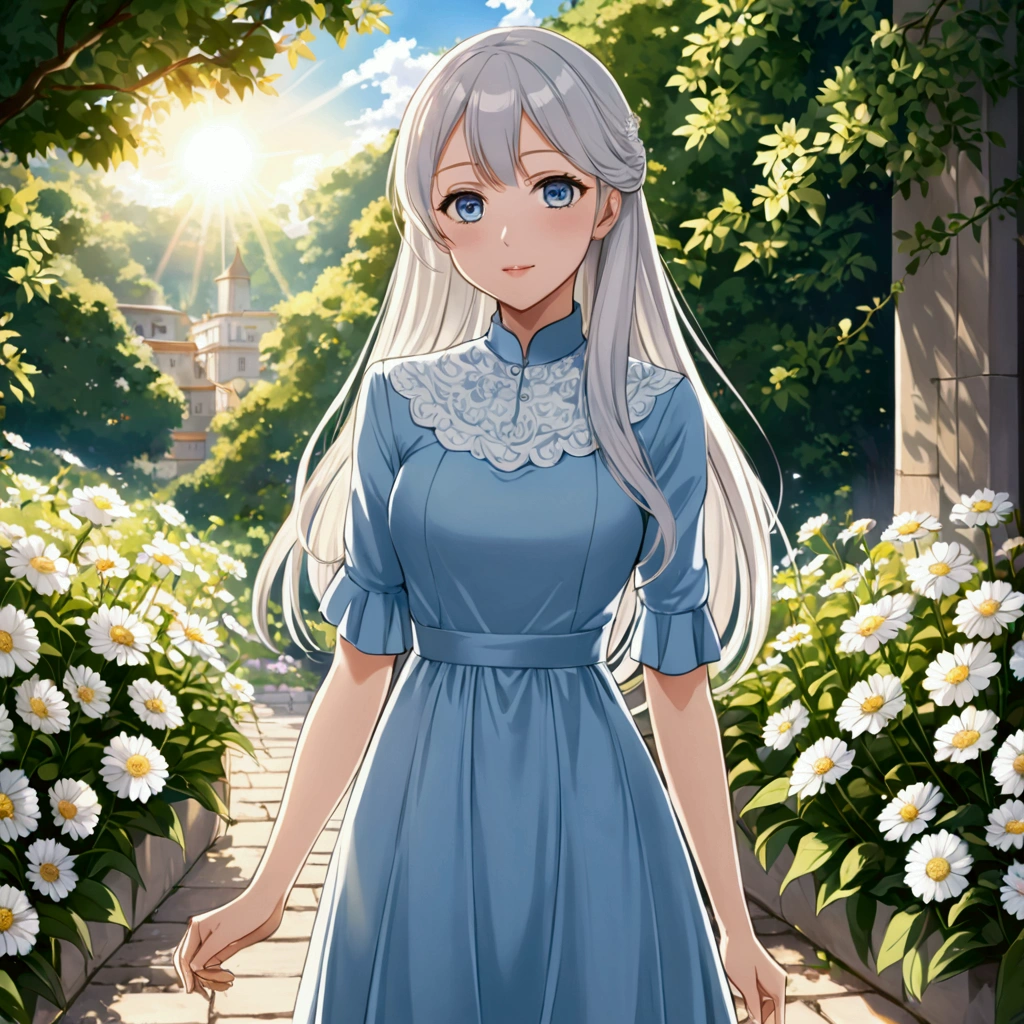 anime style, adult, friendly, blue eyes, long platinum hair, modest outfit, elegant style, slim body, dress, elegant, flowers, sunlight.