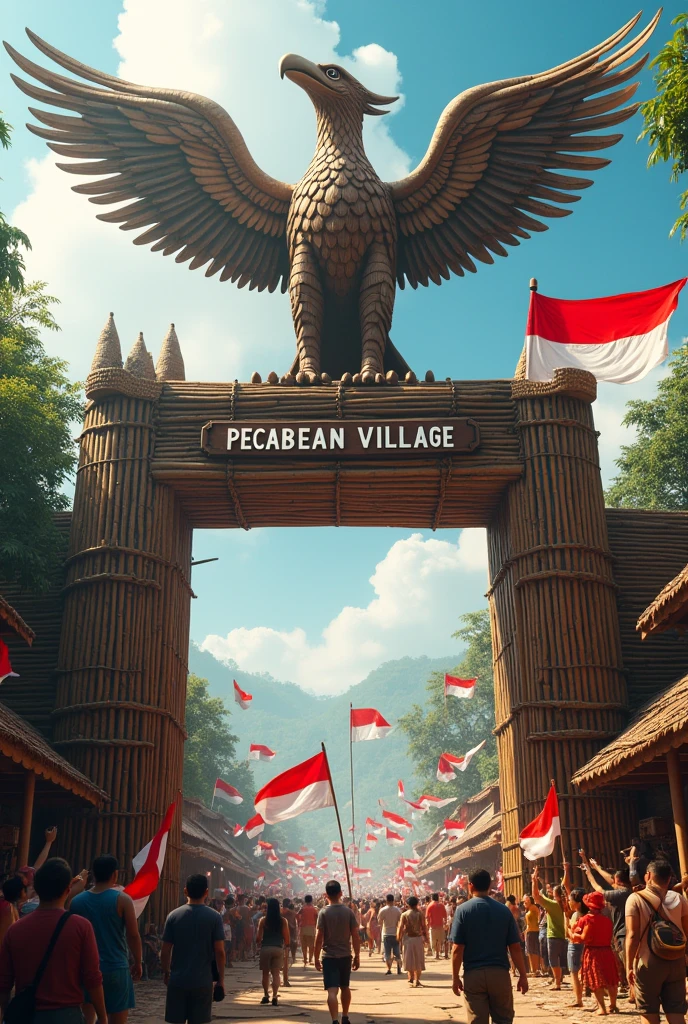 A village gate made of woven bamboo contains a giant garuda bird clutching a red and white flag., There is a sign at the gate saying PECABEAN VILLAGE, In front of the gate, many people are celebrating the Republic of Indonesia's victory day, holding the red and white flag.
