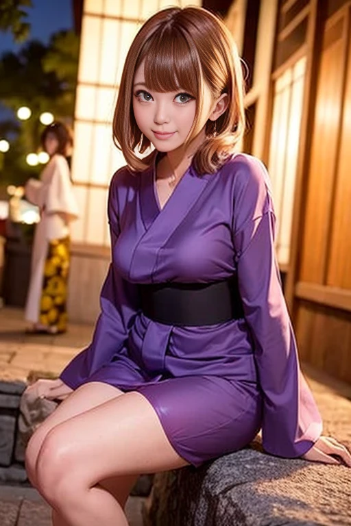 (Fireworks display)、(Cute yukata、Beautiful yukata、Sexy Yukata、Yukata Cosplay)、A girl sitting on stone steps、21 years old、smile、Long raw legs、Bust Emphasis、Short Bob Hair、Medium breast、masterpiece:1.3、Raw photo quality、Highest quality、Detailed Images、Detailed Background、