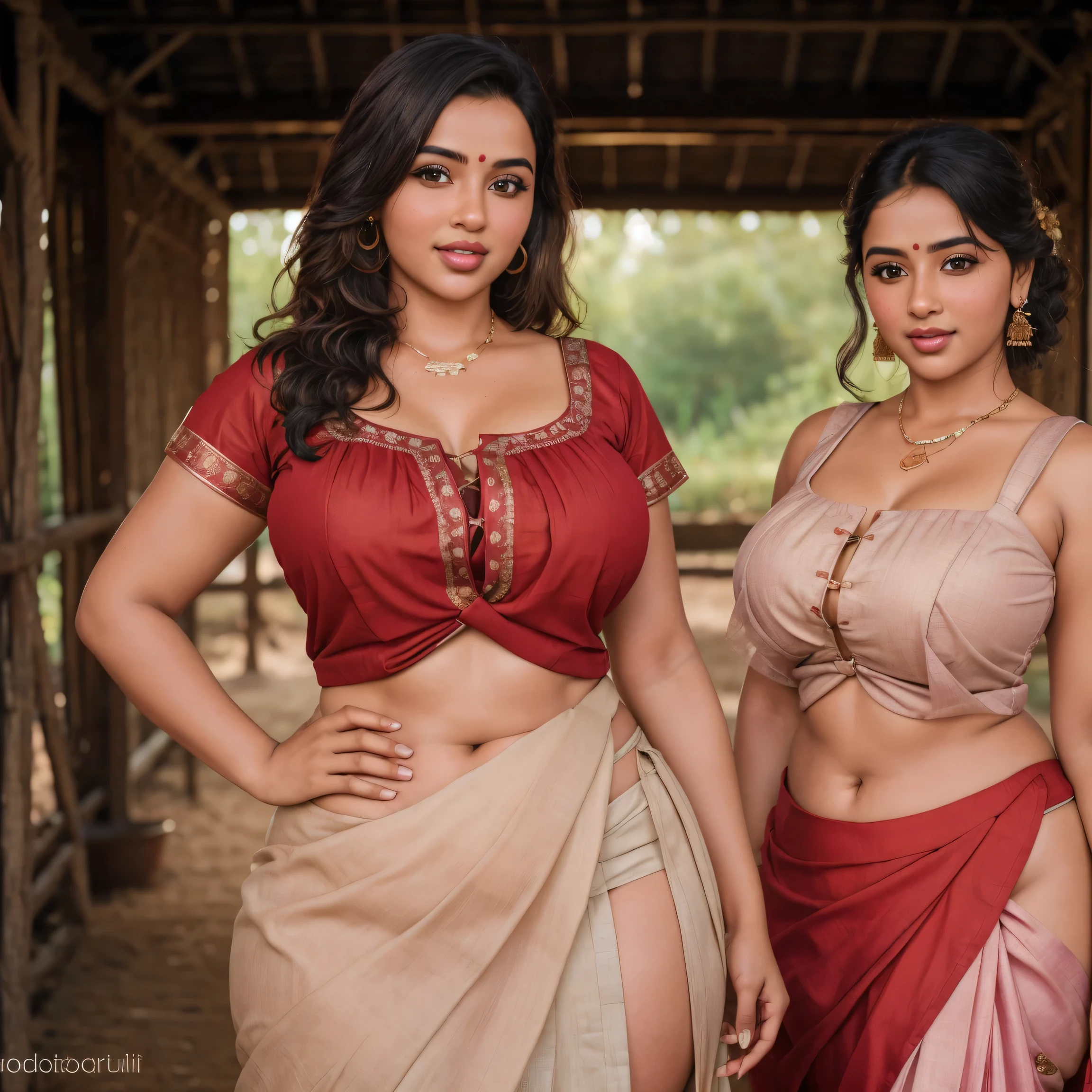 realistic photograph of three young rustic Tamil village belle dressed in an ((unhooked blouse and Indian skirt)) standing inside a farm in rural India, fair skin, curvy and toned body, tall, big , hourglass figure, big ass, seductive, detailed cute face, full lips, seductive, studio lighting , hyper realistic, fit body, tight blouse, slim, hot navel